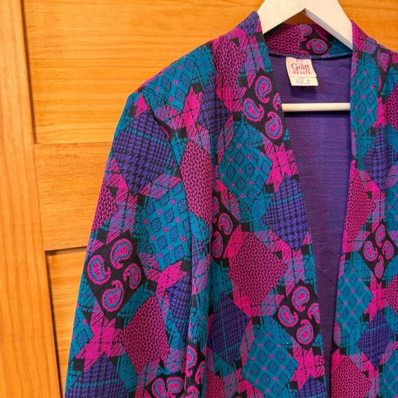 Vtg 80s Graff Funky Colorful Patchwork Open Cardigan Blazer Jacket 6 Petite - Picture 5 of 8